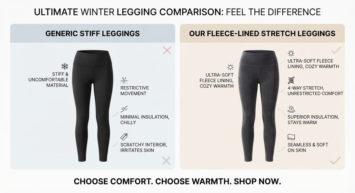 Comparison of generic stiff leggings vs fleece-lined stretch winter leggings - warmth and comfort difference