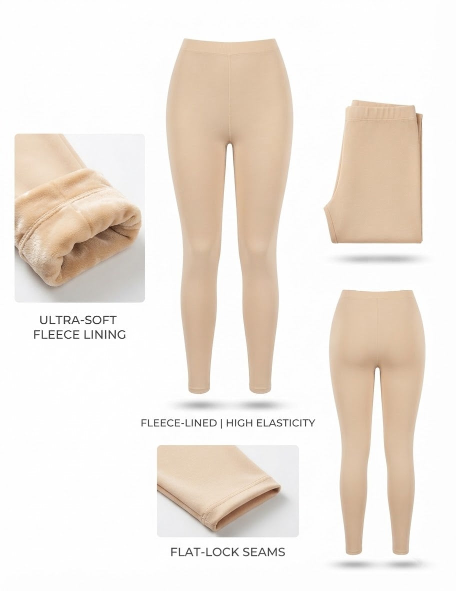 Fleece-lined leggings close-up showing soft fleece interior, flat-lock seams, and high elasticity fabric