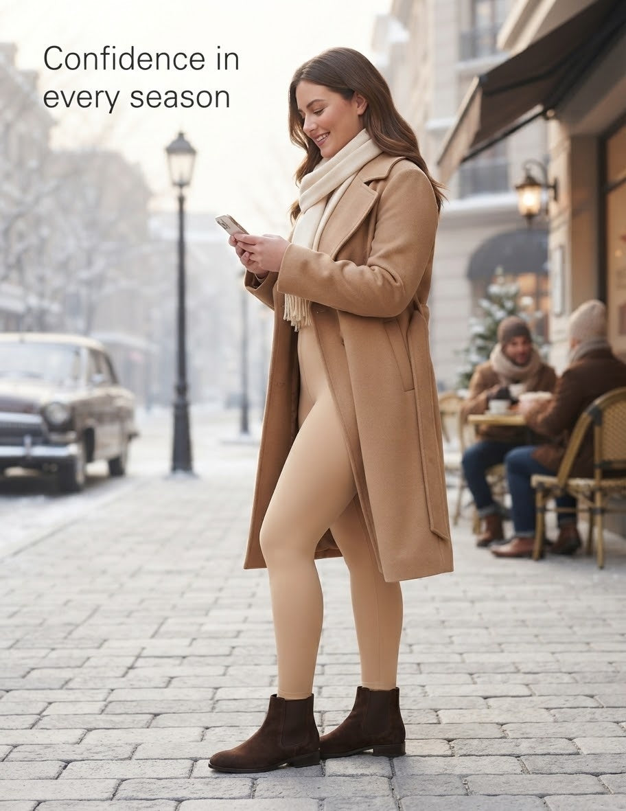 Woman wearing beige thermal leggings with winter coat, confidence in cold weather outdoor styling